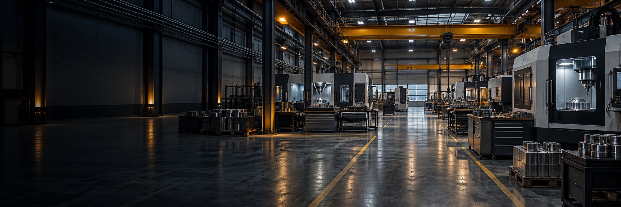 Cinematic view through a precision CNC machining hall with cool overhead lighting