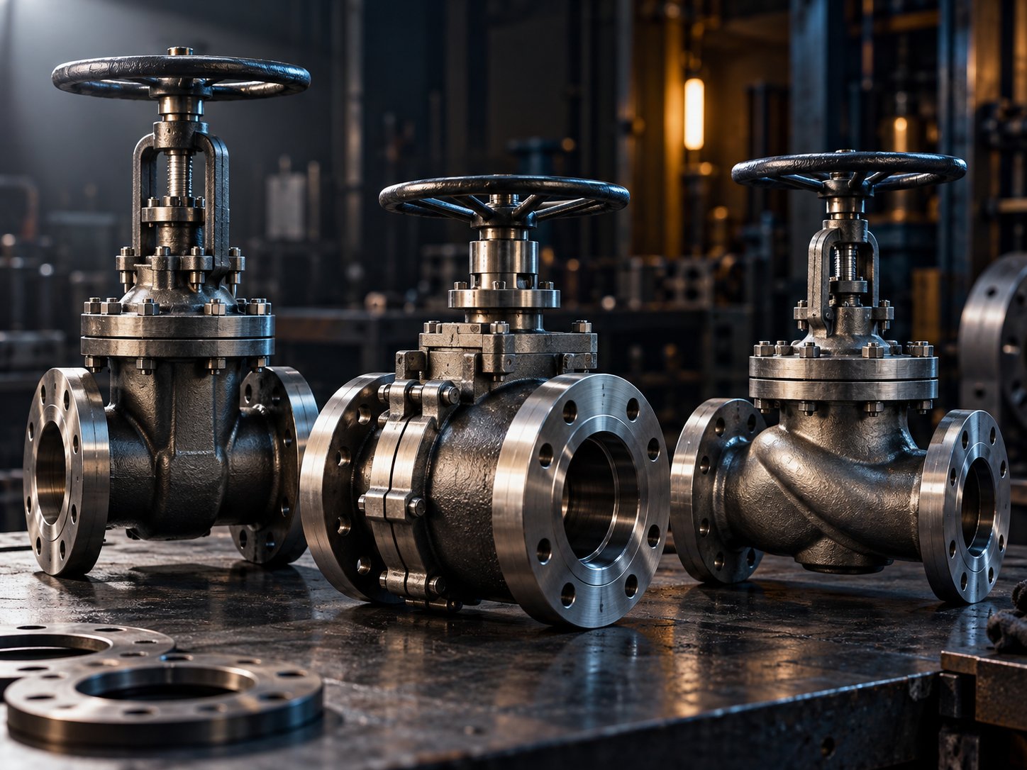 Arrangement of unbranded industrial valve bodies on a dark workbench
