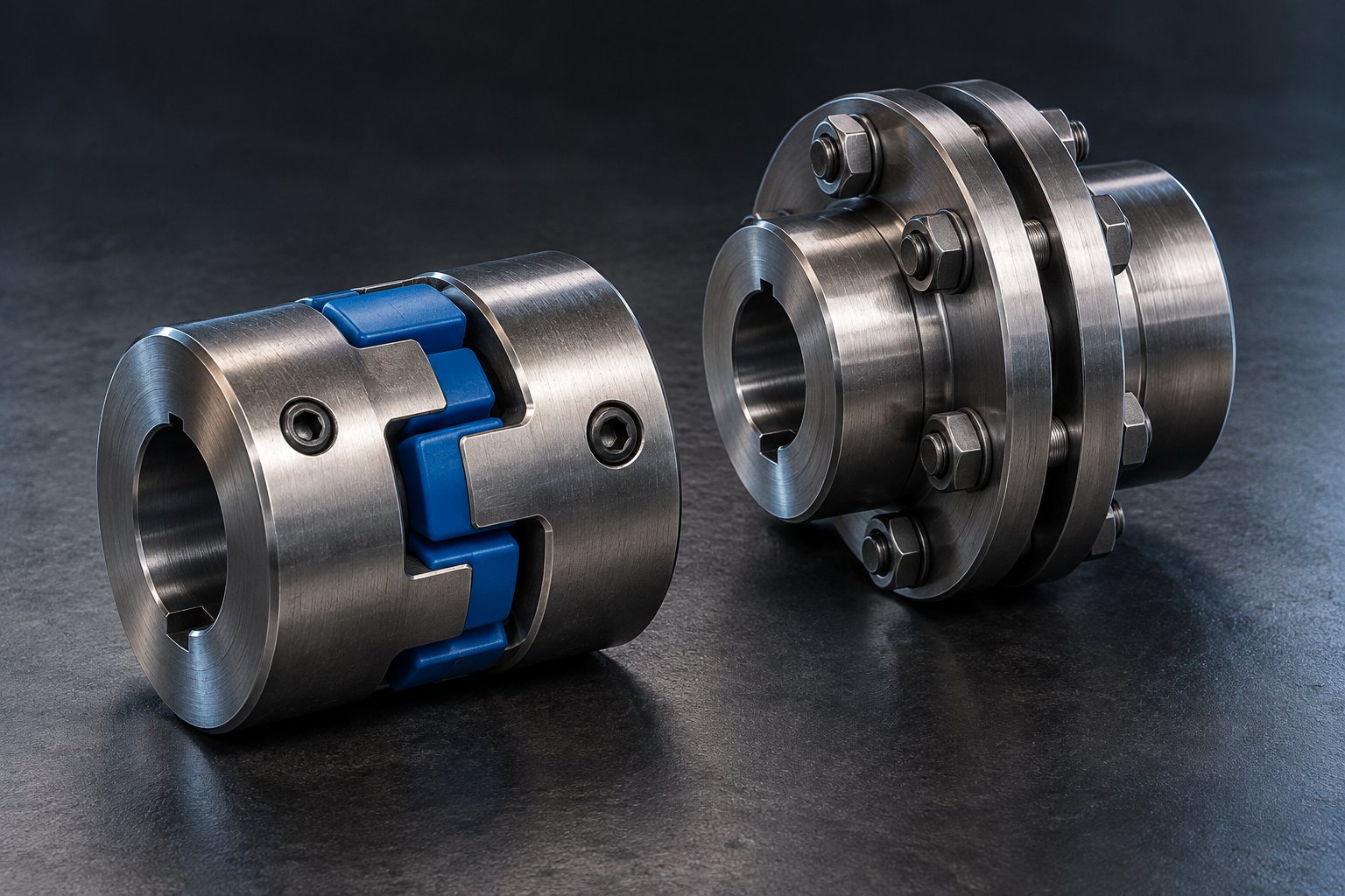 Two machined steel shaft couplings arranged diagonally on a bench