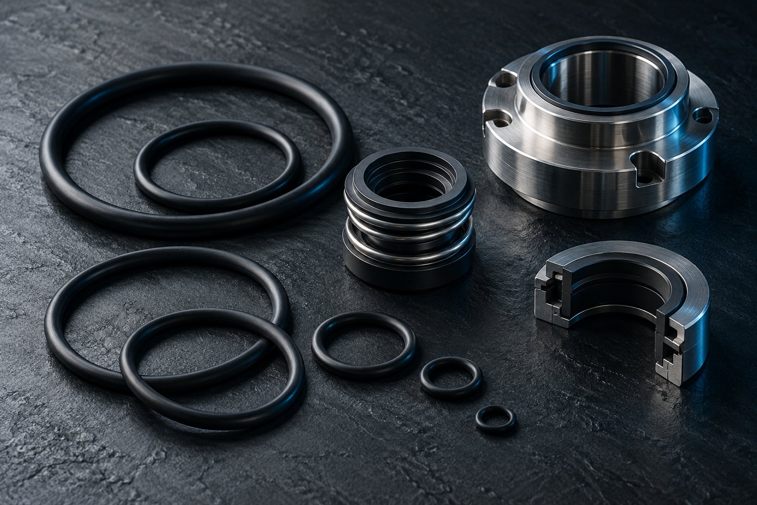 Close-up flat-lay of black industrial sealing rings and a metal seal housing