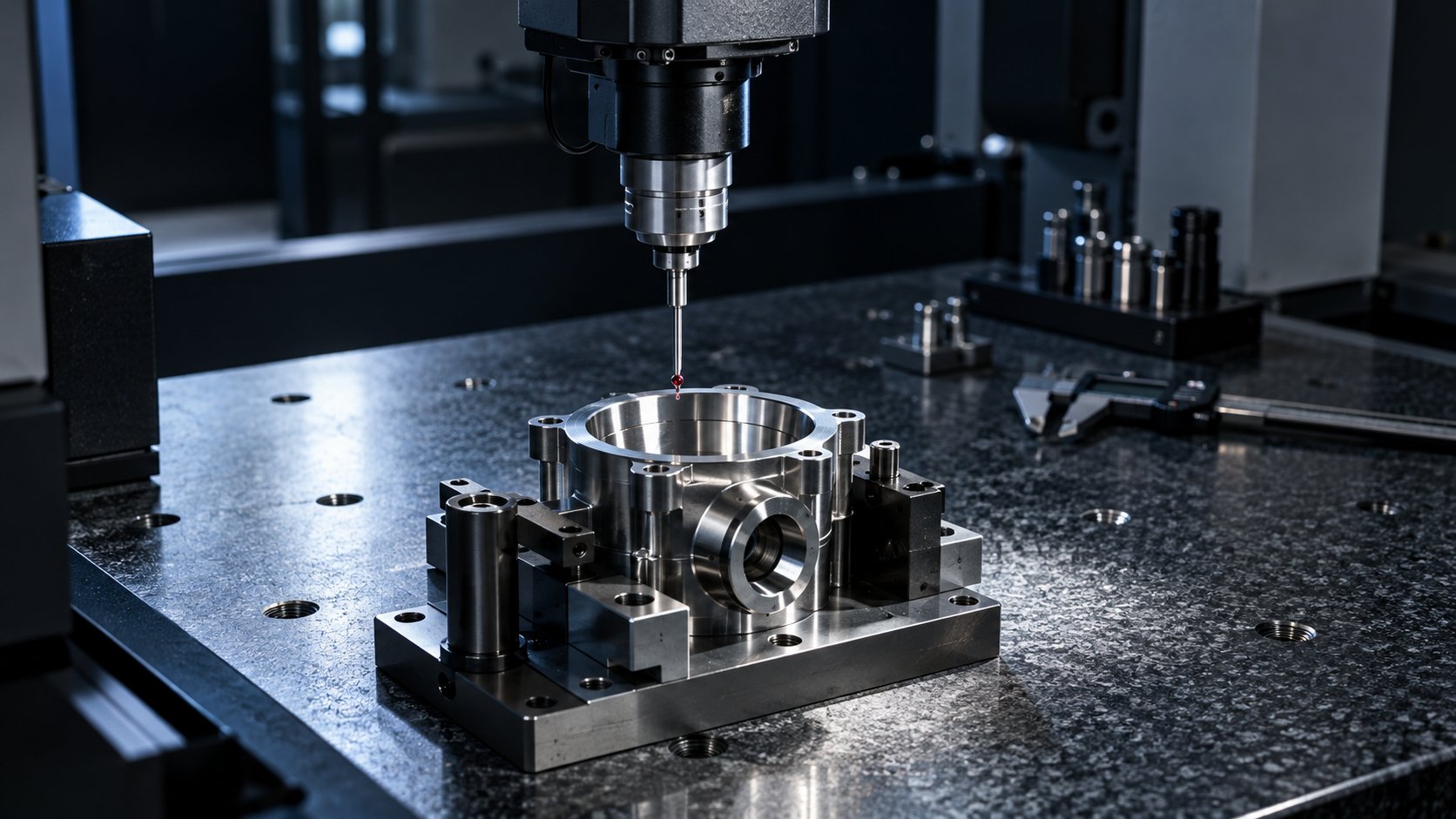 Metrology probe near a precisely machined demonstration specimen