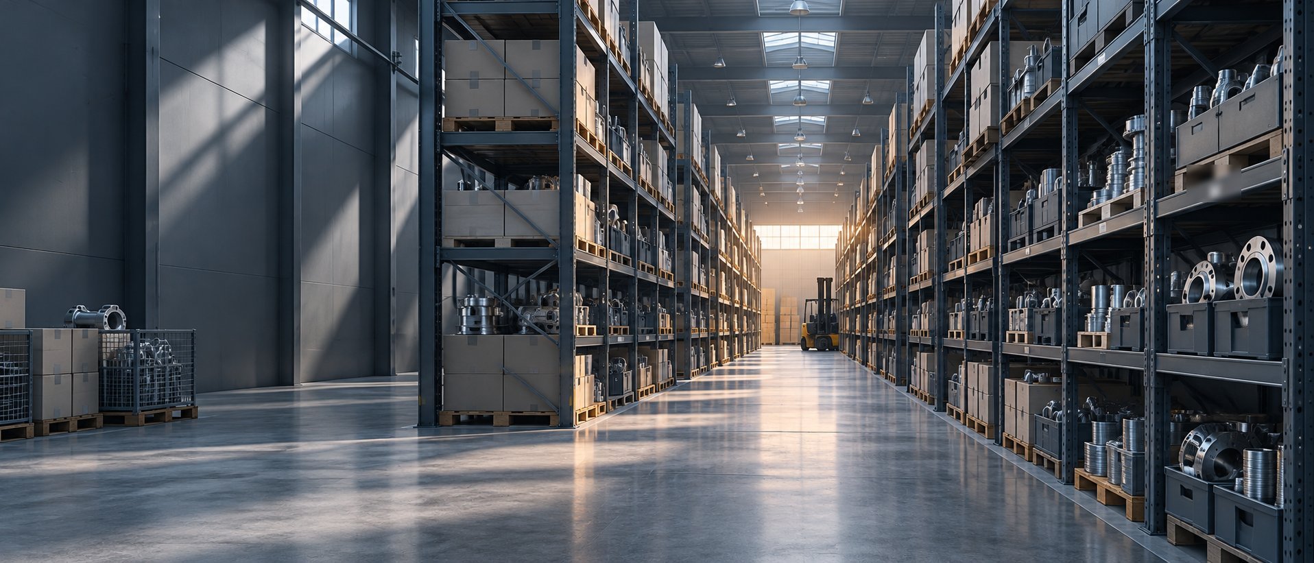 Organized warehouse shelving with unbranded industrial component containers