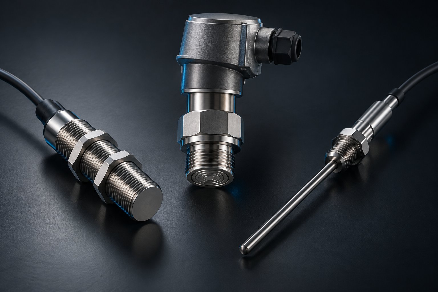 Three unbranded industrial sensors: threaded inductive proximity sensor, pressure transmitter and steel temperature probe