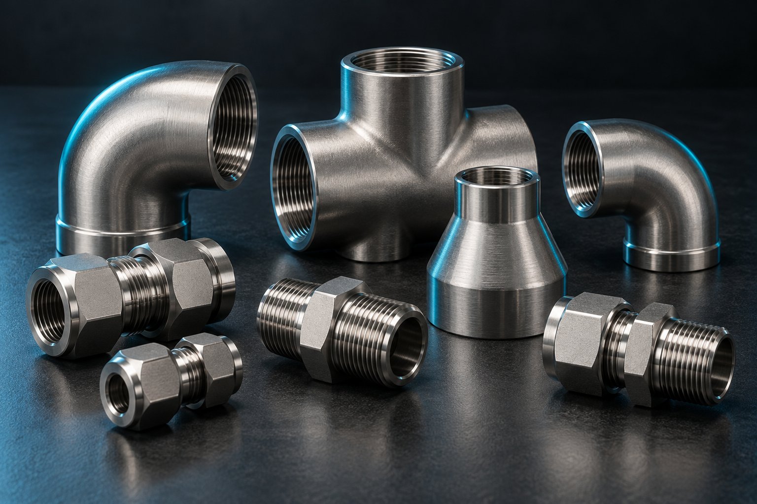 Unbranded stainless steel pipe fittings: elbows, tee, reducer, compression fittings and hex nipple