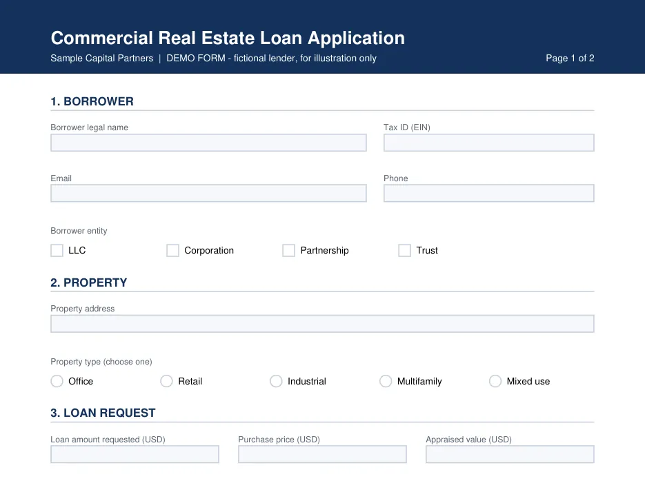 Fillable commercial loan application with dollar and date fields
