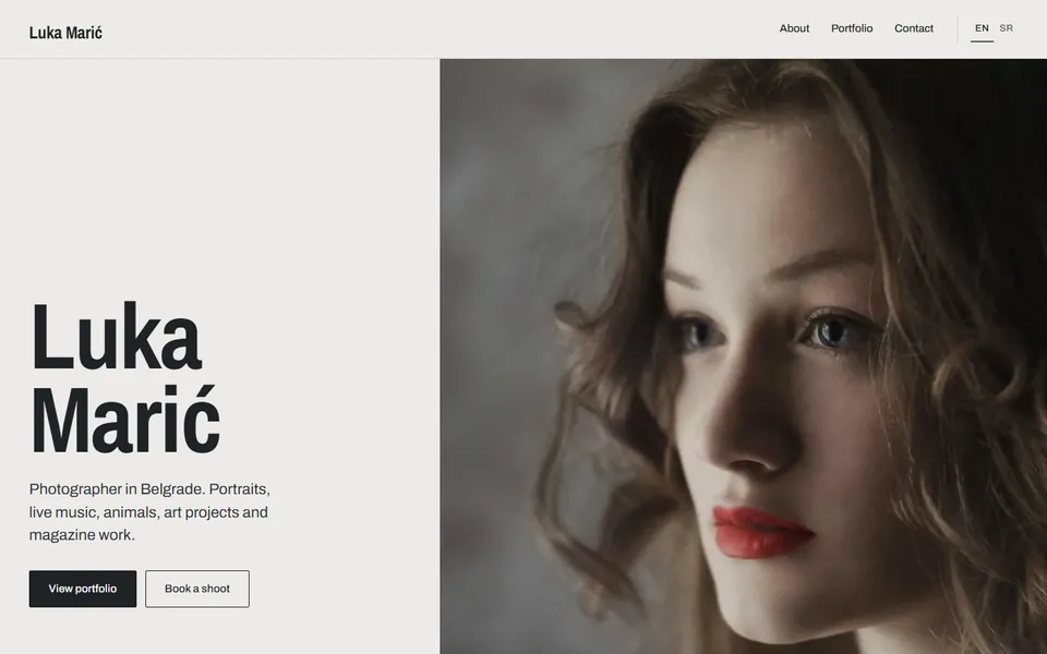 Photographer portfolio home page with a large photo and a booking button
