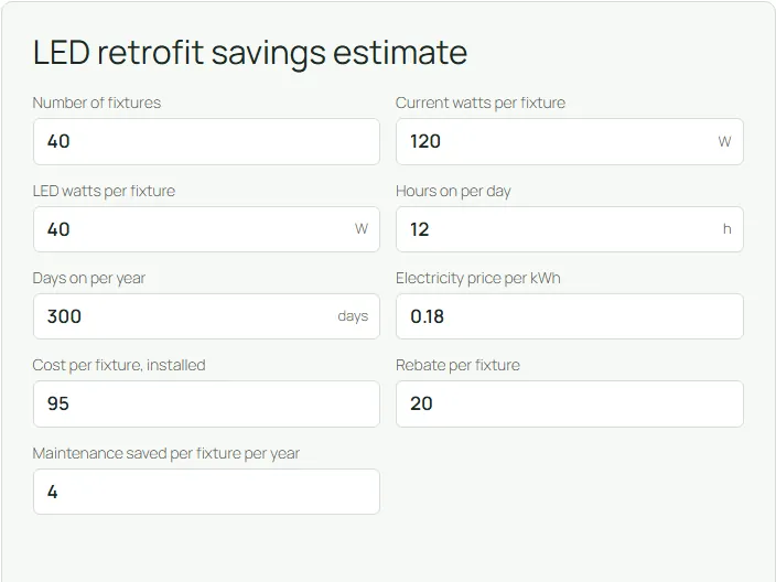 ROI calculator showing yearly savings, payback in months and a five-year chart