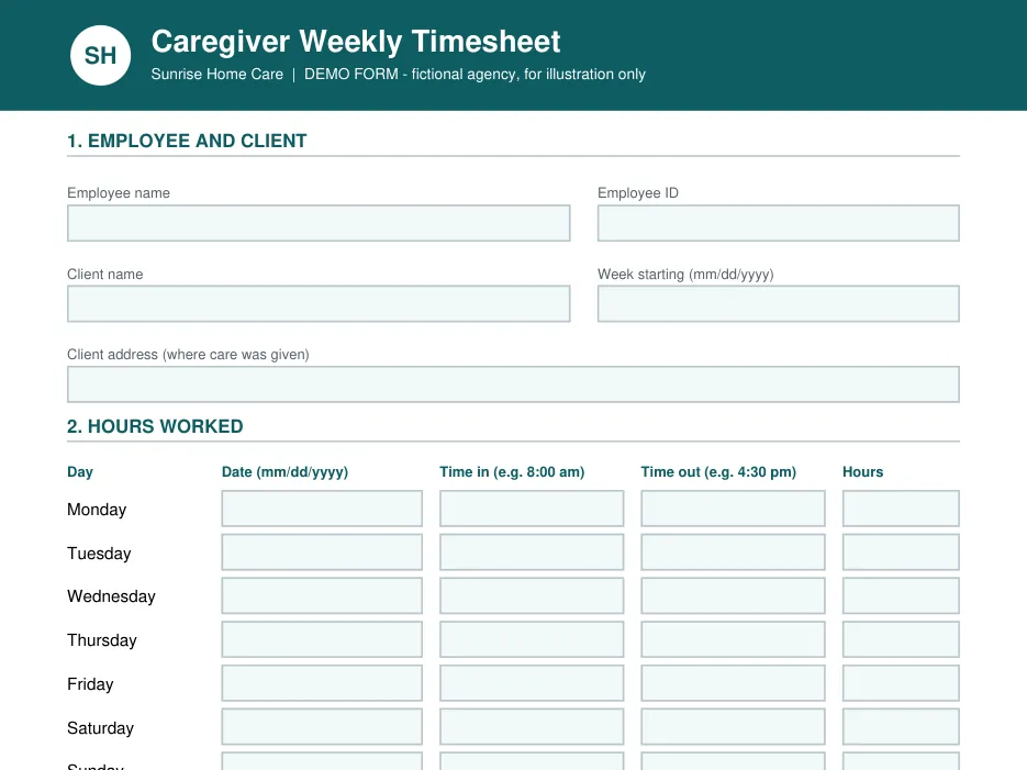 Fillable caregiver weekly timesheet with time in, time out and total hours