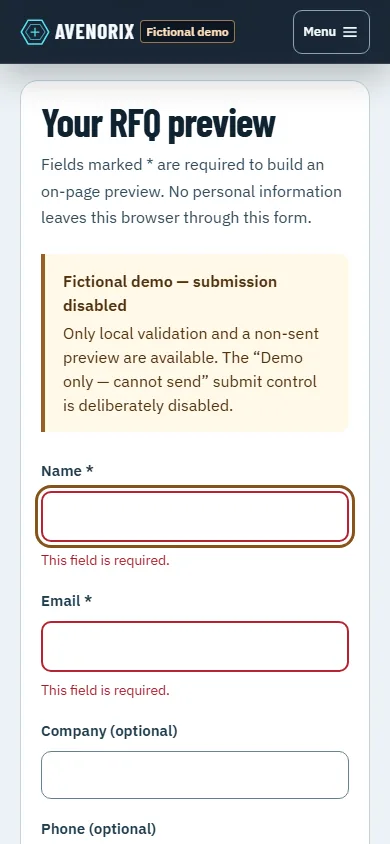 Quote request form on a phone with required-field messages under Name and Email